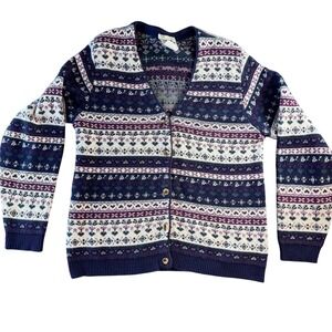 Northern Reflections Vintage Fair Isle Heart Cotton Cardigan Sweater Navy Medium